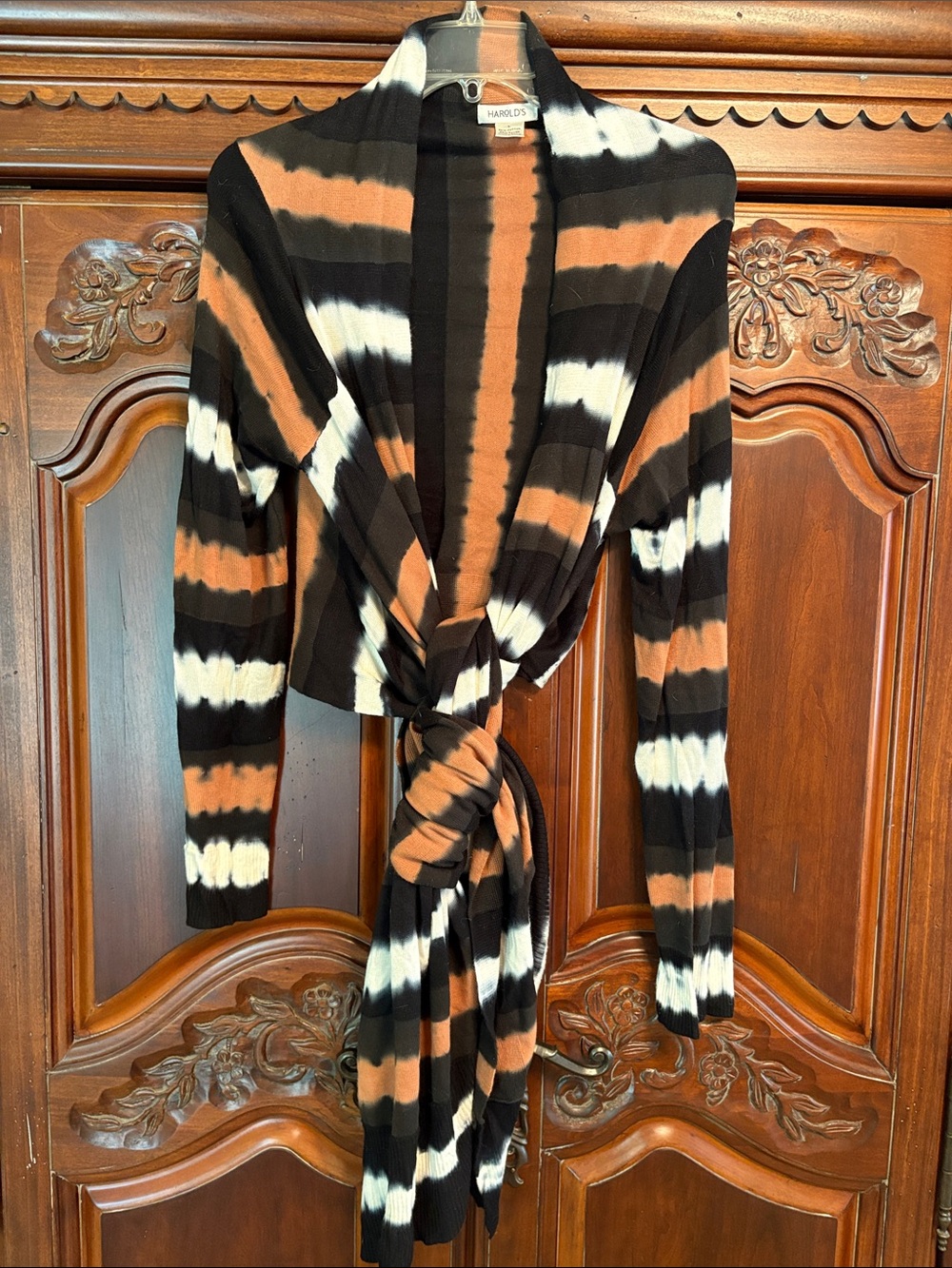 Harold's Striped Tie-Front Cardigan in Black, Brown & White. 55% cotton/ 45rayon